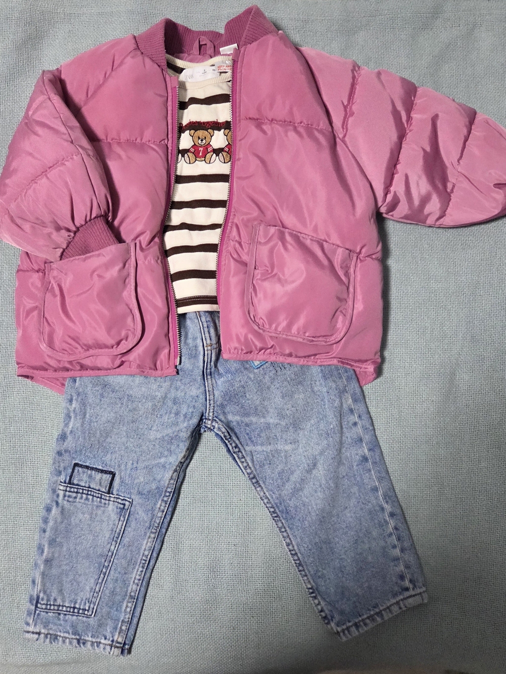 Zara Bundle Pink Puffer Jacket Jeans & Longsleeve